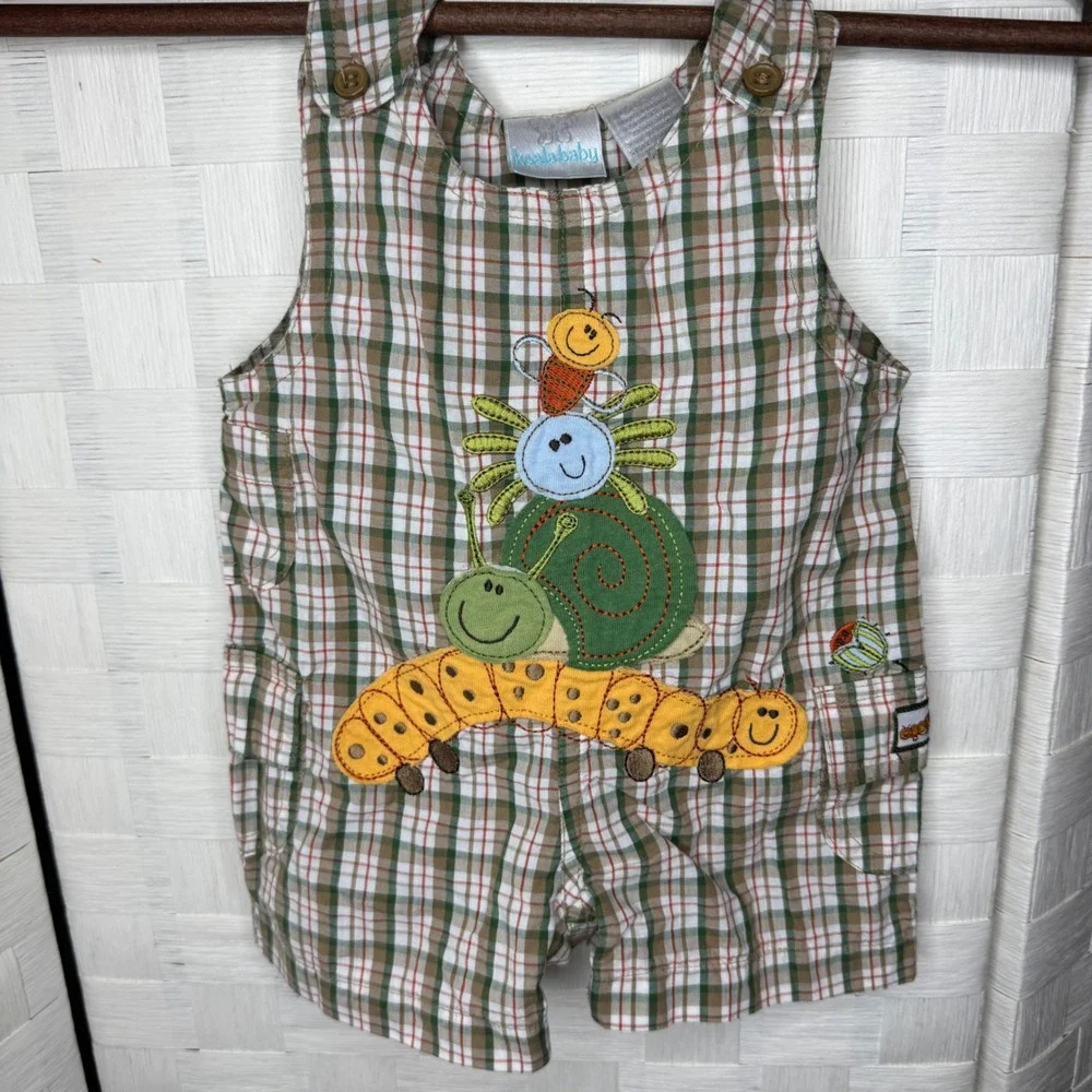 Vintage Plaid Insect Embroidery Shortall Overalls Brown 0-3M Caterpillar